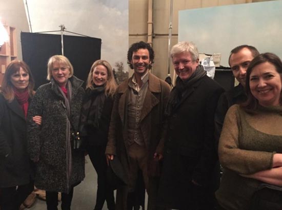 From left to right: Debbie Horsfield, Anne Bulford, Elizabeth Kilgarriff, Aidan Turner, Tony Hall, Damien Timmer, Karen Thrussell. Photo: Mammoth Screen