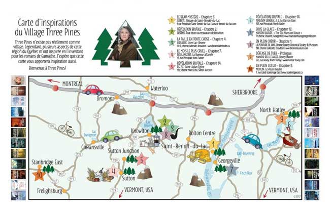 Map of Three Pines from Louise Penny Inspector Gamache books.