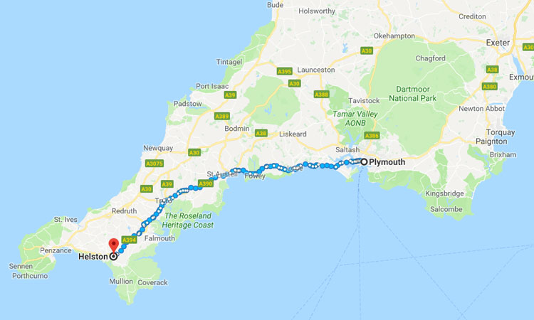 Fictional Summerhill between Helston and Portsmouth (c) Google